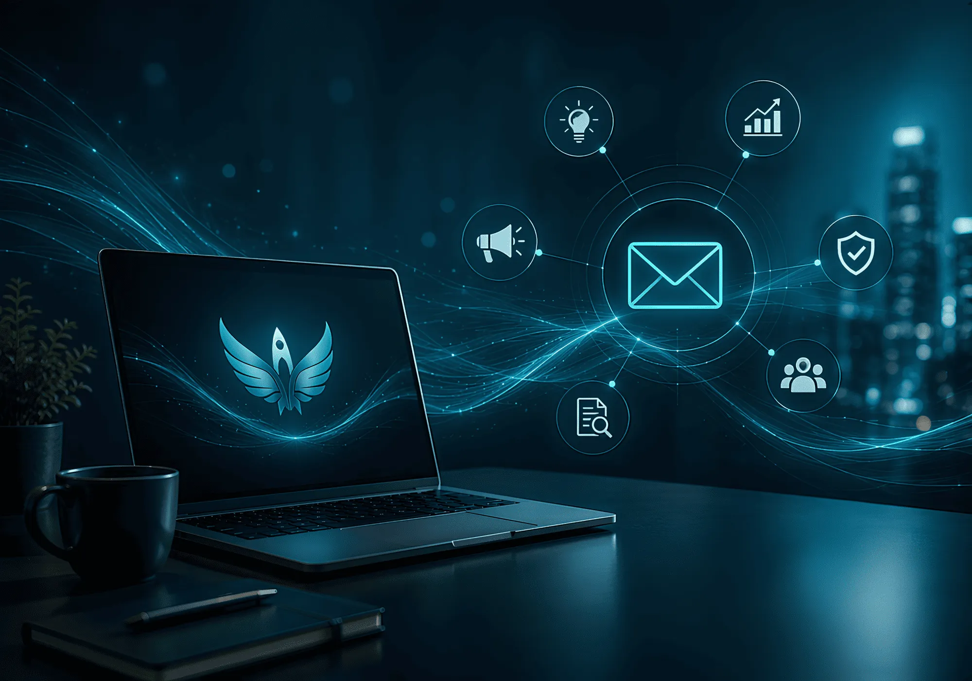 Digitales Newsletter-System von RIANEVA mit Laptop, E-Mail-Kommunikation und automatisierten Informationsprozessen für Kunden in Österreich.